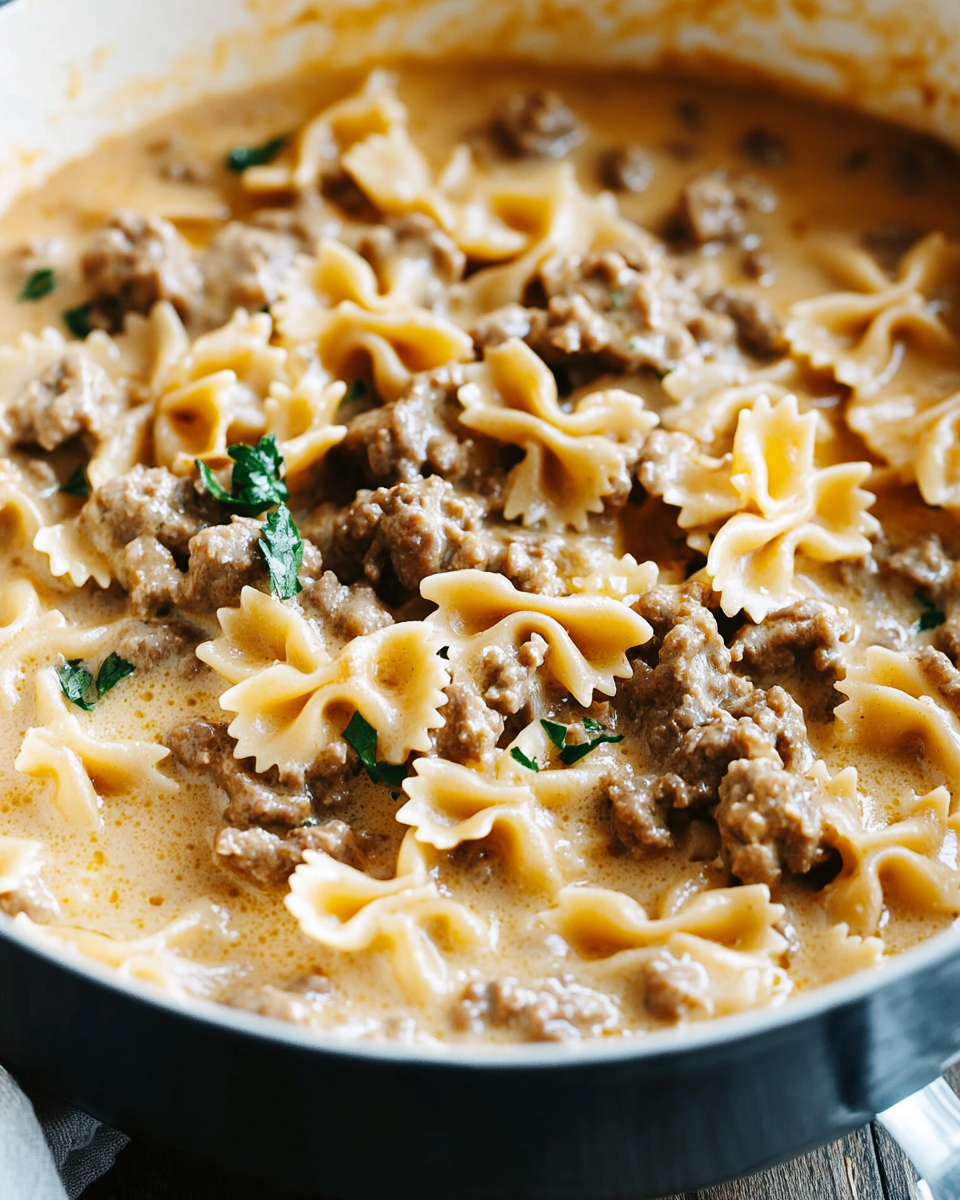 Cheesy Beef And Bowtie Pasta In Garlic Butter
