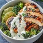 Grilled Chicken & Broccoli Bowls with Creamy Garlic Sauce