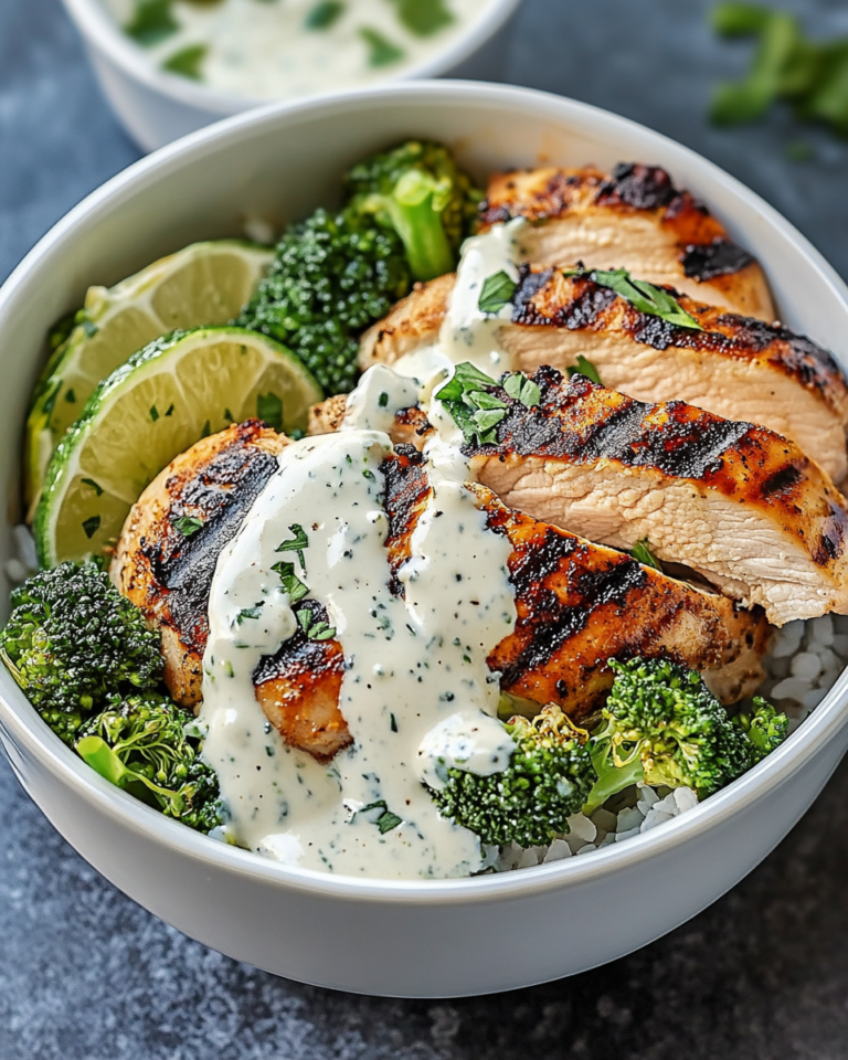 Grilled Chicken & Broccoli Bowls with Creamy Garlic Sauce